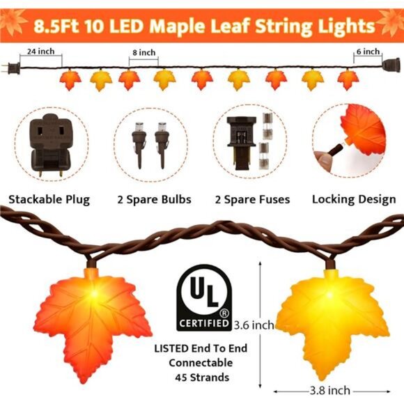 8.5 FT 3D Maple Leaf Lights 10 LED Orange & Yellow Maple Leaf Plug in - Picture 2 of 7